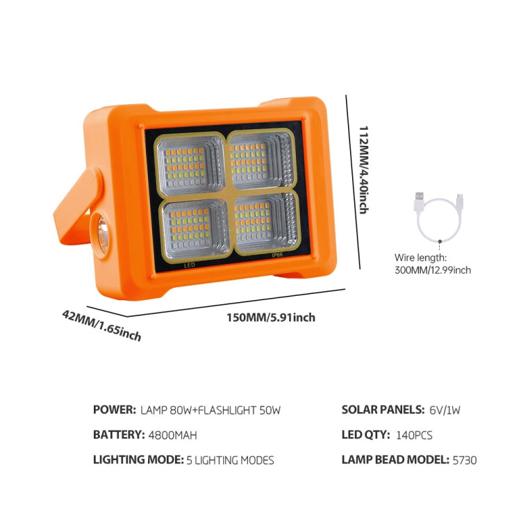 Solar Flood Light Portable Flashlight Emergency Work Light, 144 LEDs