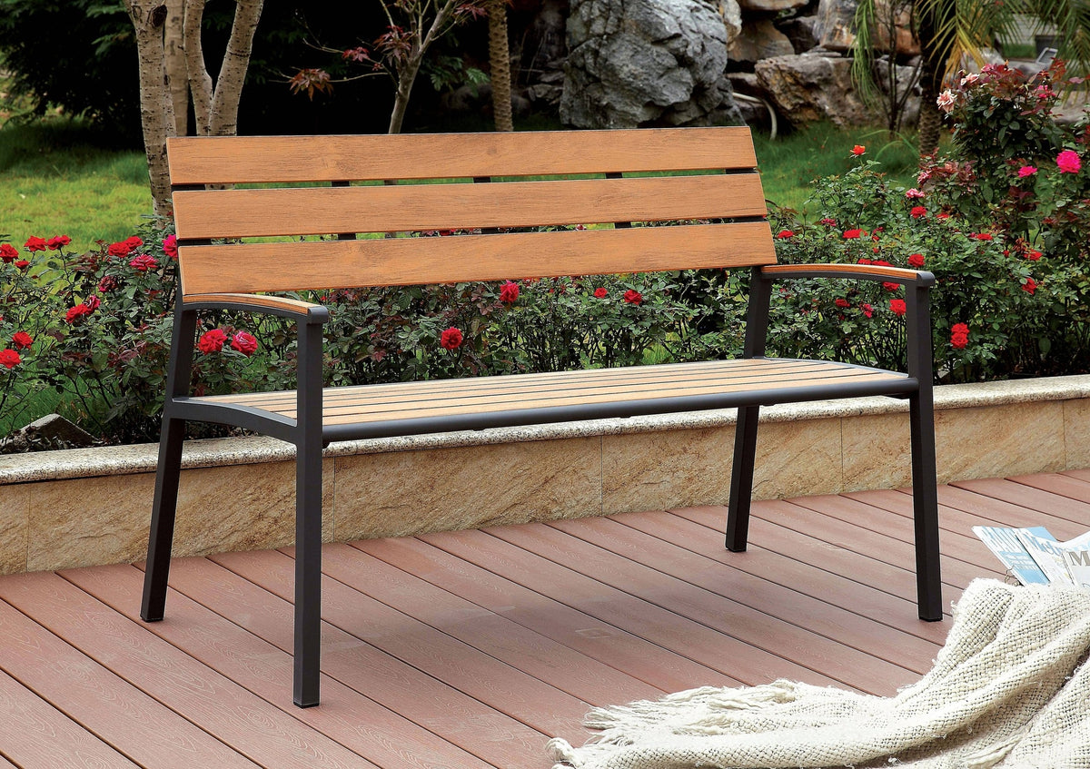 Rhea Transitional Slatted Patio Bench in Oak